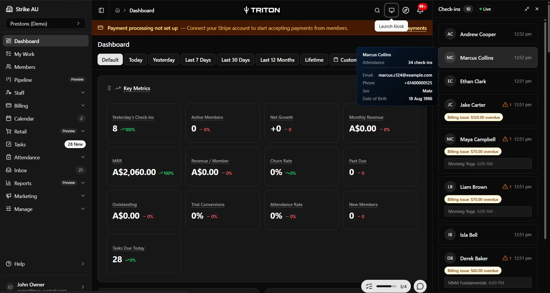 Triton dashboard showing key metrics such as MRR, active members and churn rate, with a live check-in feed on the right